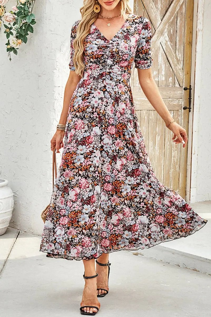 Brown Mesh Leopard Floral Reversible V Neck Short Sleeve Dress - Love Salve